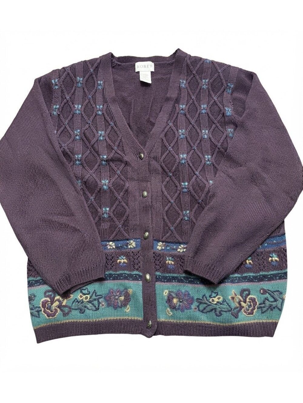 Vintage Koret Purple Floral Cable Knit Cardigan Sweater Size Large Wool Blend